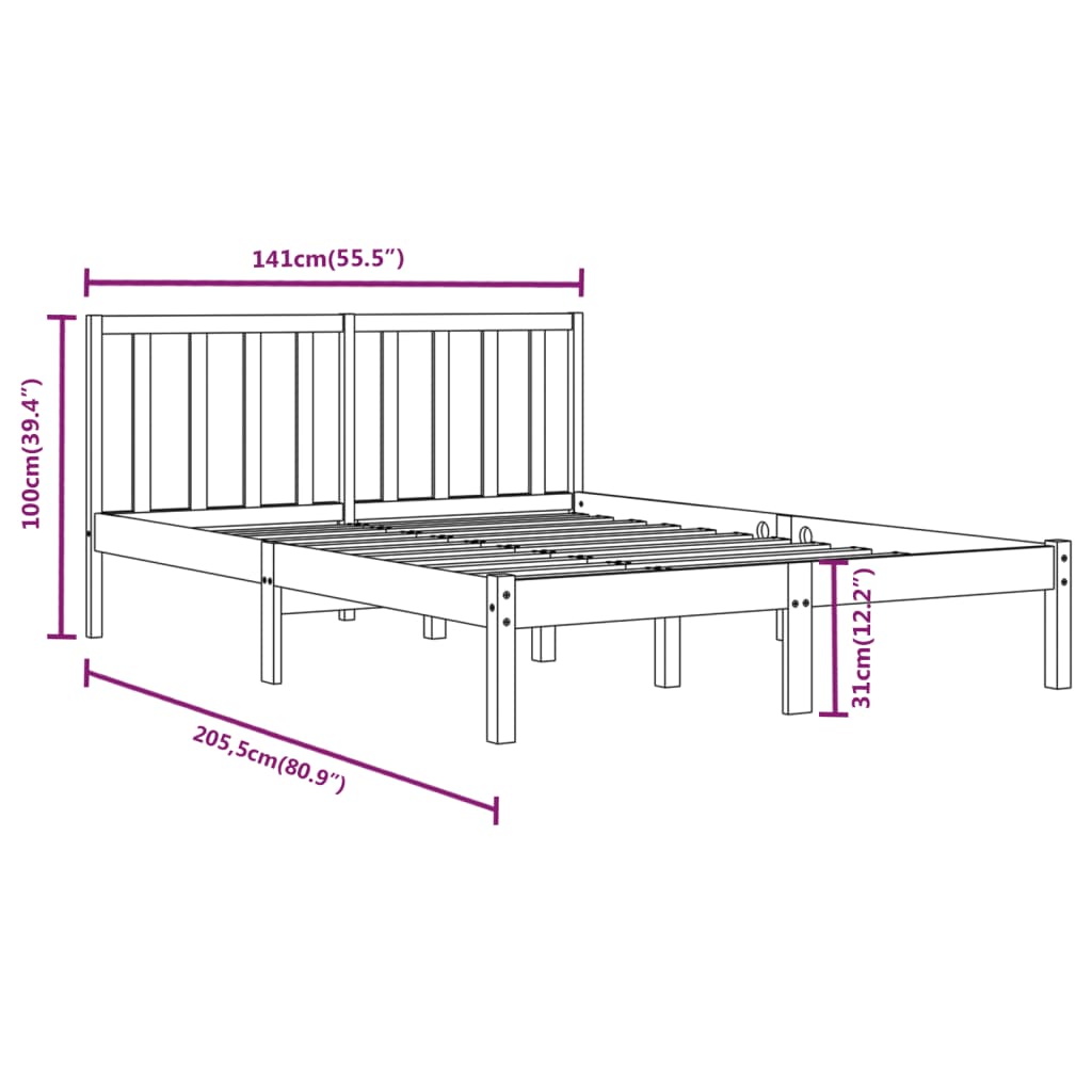 vidaXL Cadre de lit Noir Bois de pin massif 135x190 cm Double