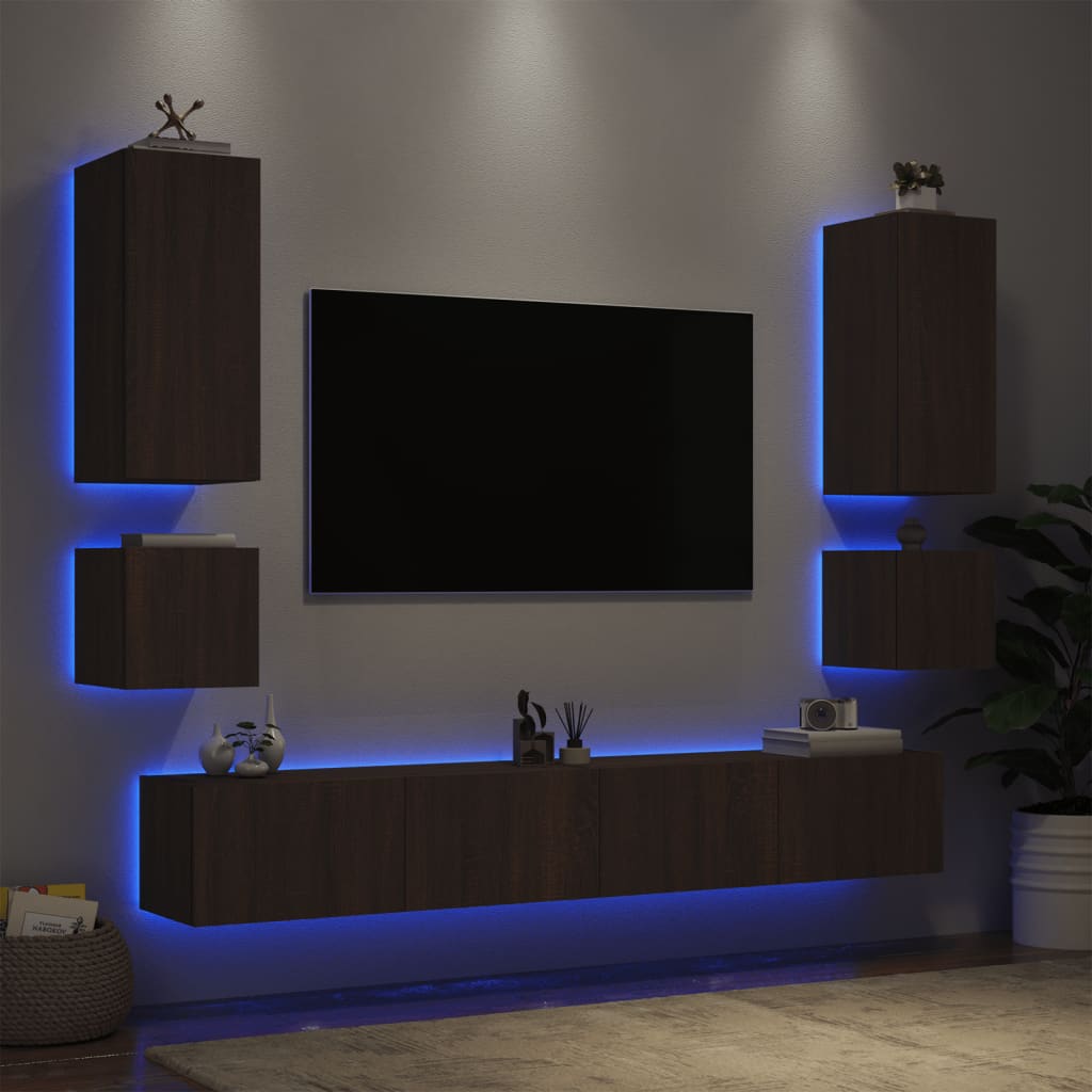 vidaXL Meuble TV muraux 6 pcs avec lumières LED chêne marron