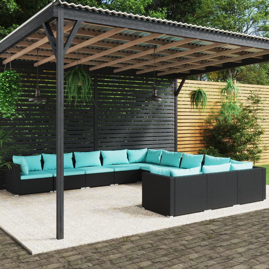 vidaXL Salon de jardin 11 pcs avec coussins Résine tressée Noir