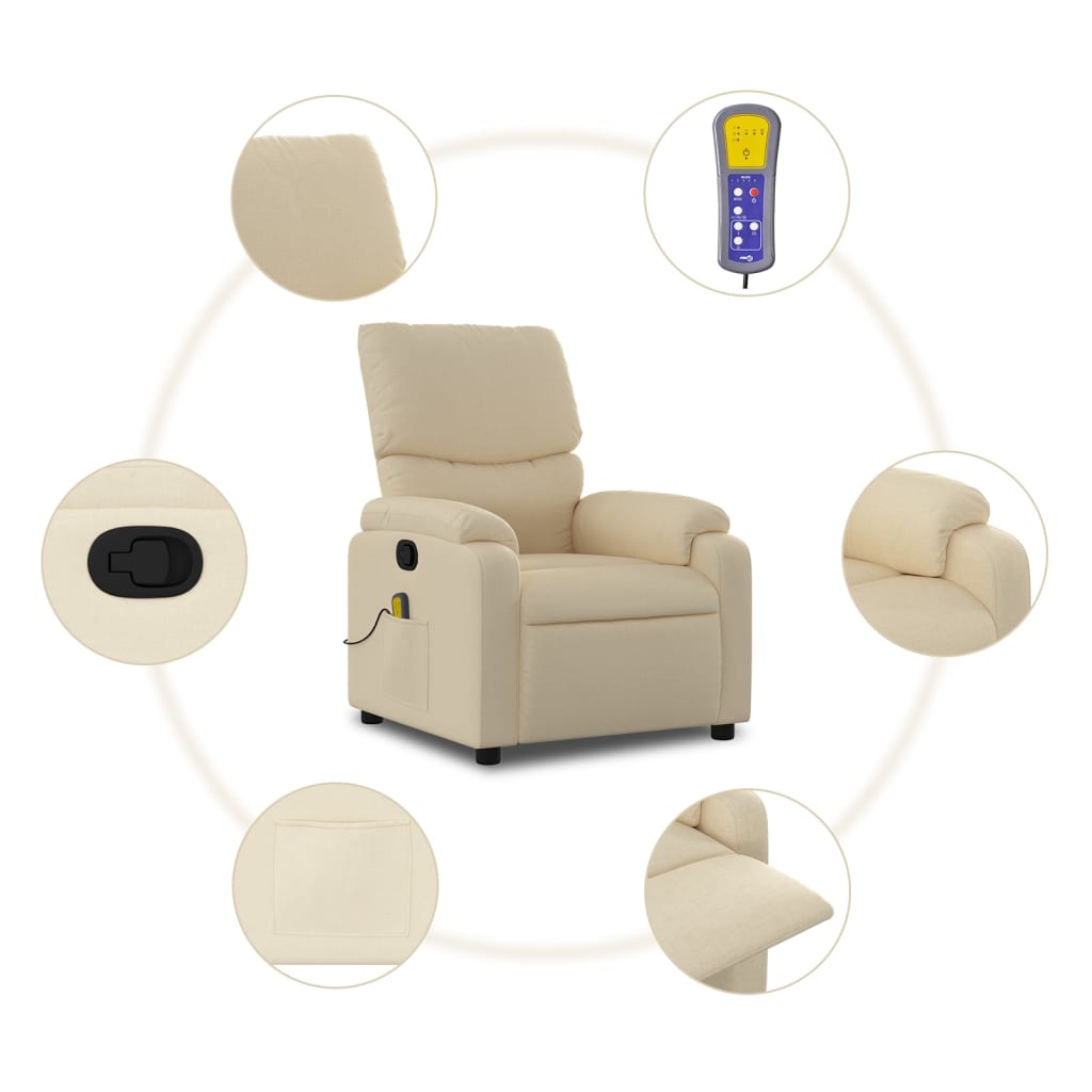 vidaXL Fauteuil de massage inclinable Crème Tissu