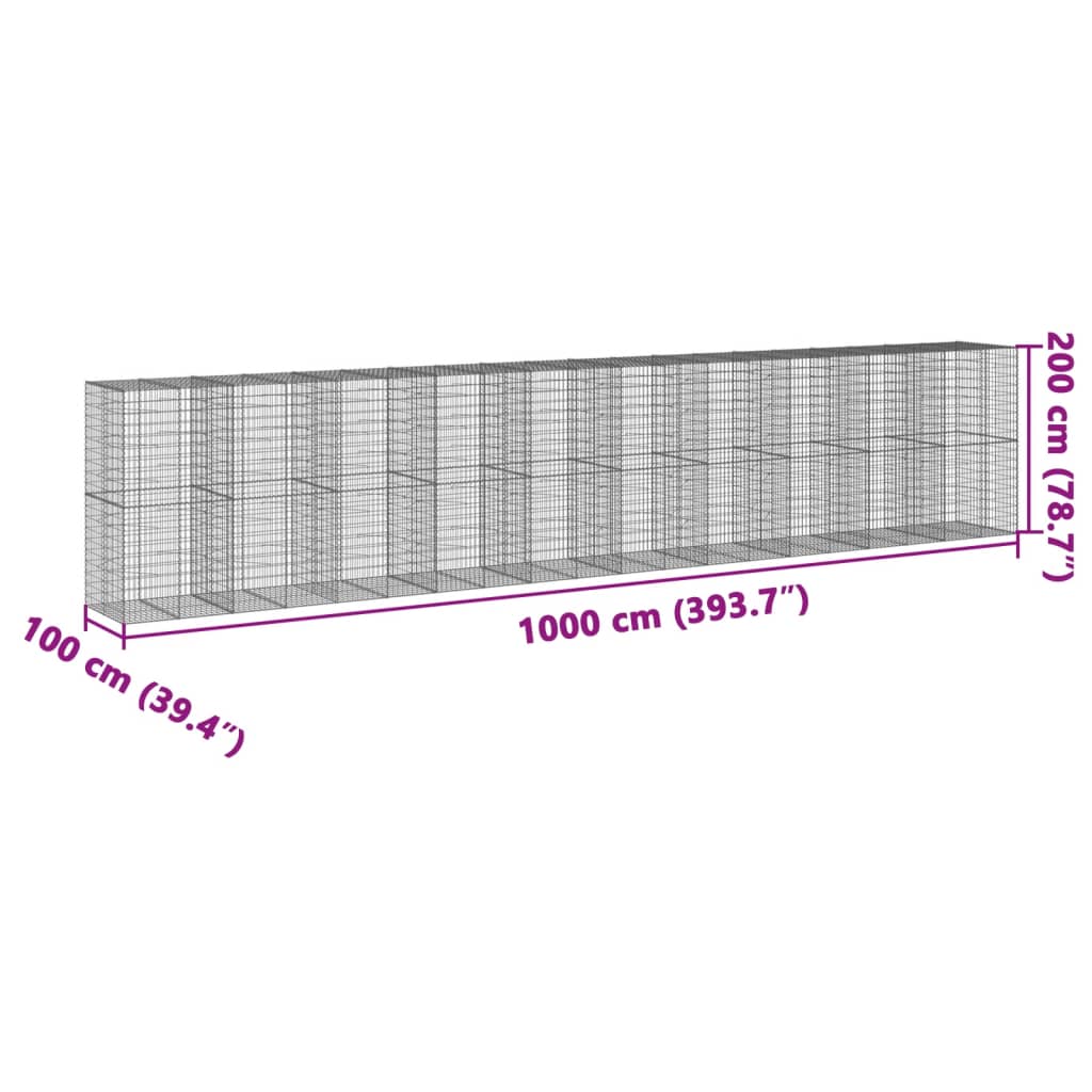 vidaXL Panier gabion avec couvercle 1000x100x200 cm fer galvanisé