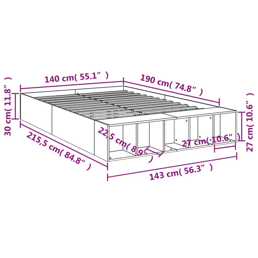 vidaXL Cadre de lit sans matelas sonoma gris 140x190 cm