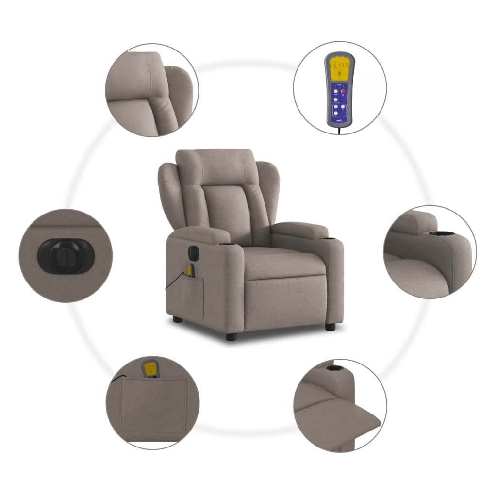 vidaXL Fauteuil de massage inclinable électrique Taupe Tissu