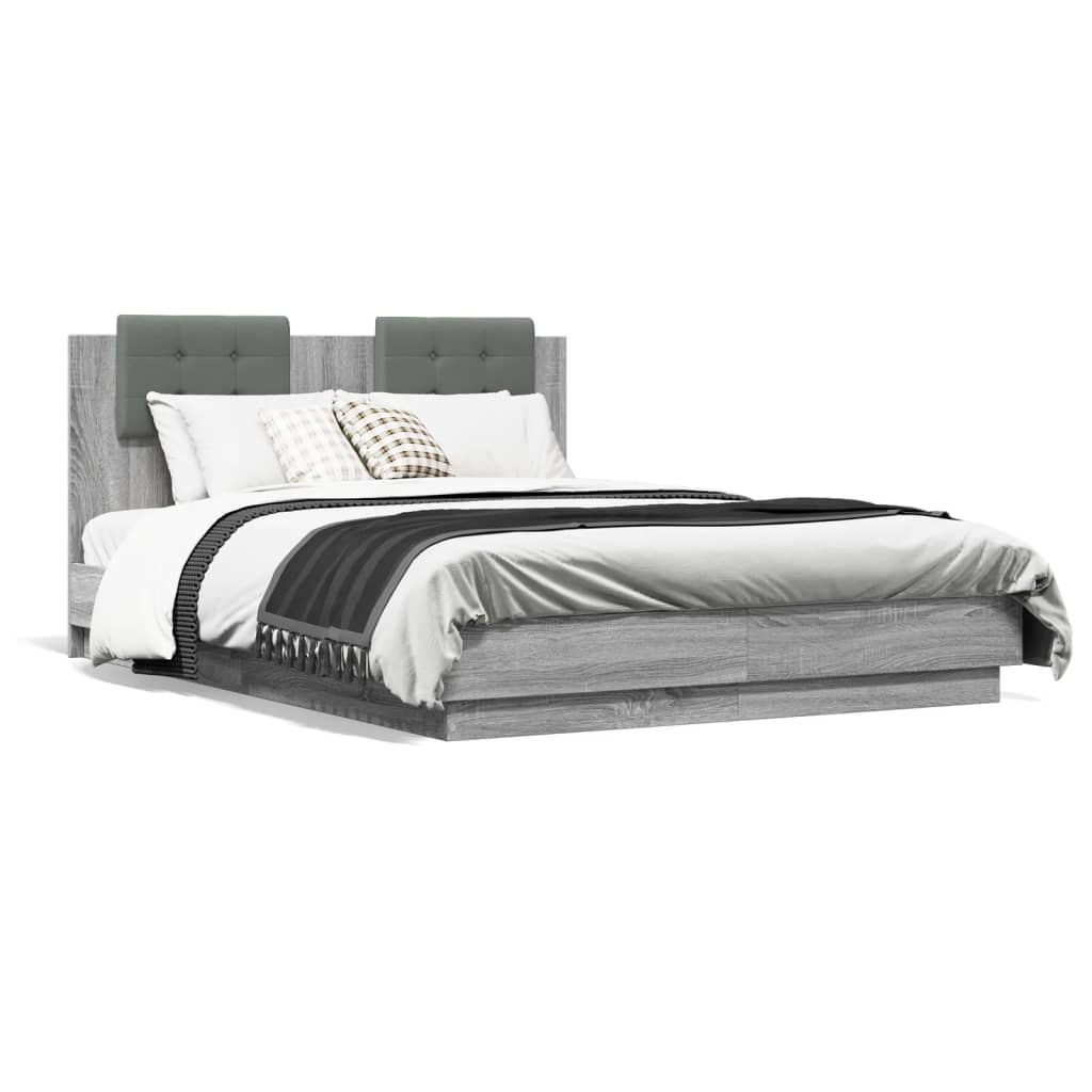 vidaXL Cadre de lit tête de lit et lumières LED sonoma gris 135x190 cm