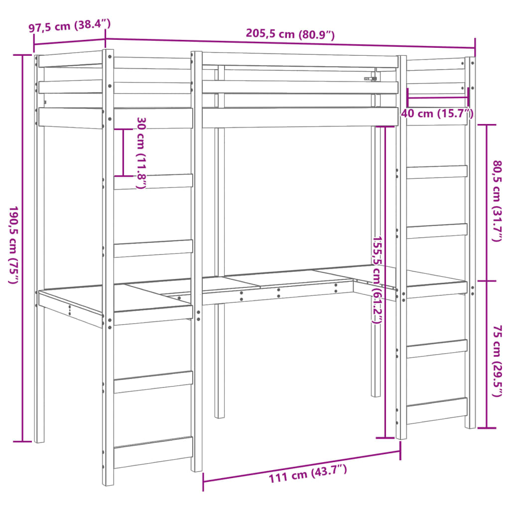 vidaXL Cadre de lit superposé sans matelas 90x200cm bois de pin massif