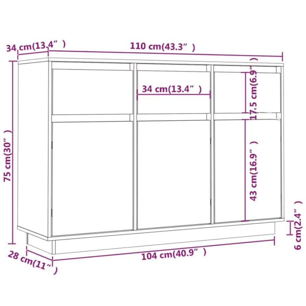 vidaXL Buffet noir 110x34x75 cm bois massif de pin