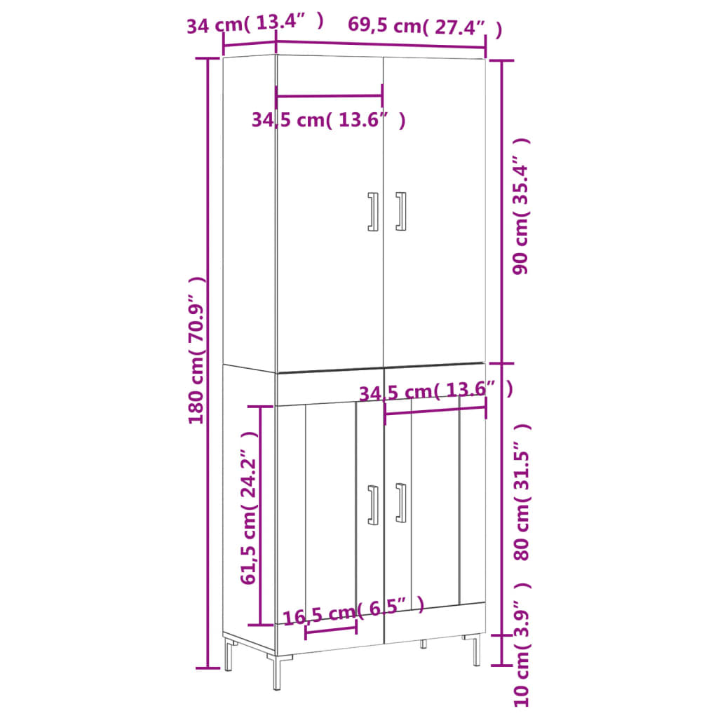 vidaXL Buffet haut Chêne fumé 69,5x34x180 cm Bois d'ingénierie