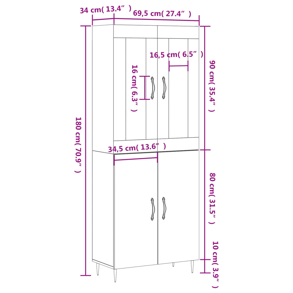 vidaXL Buffet haut Sonoma gris 69,5x34x180 cm Bois d'ingénierie