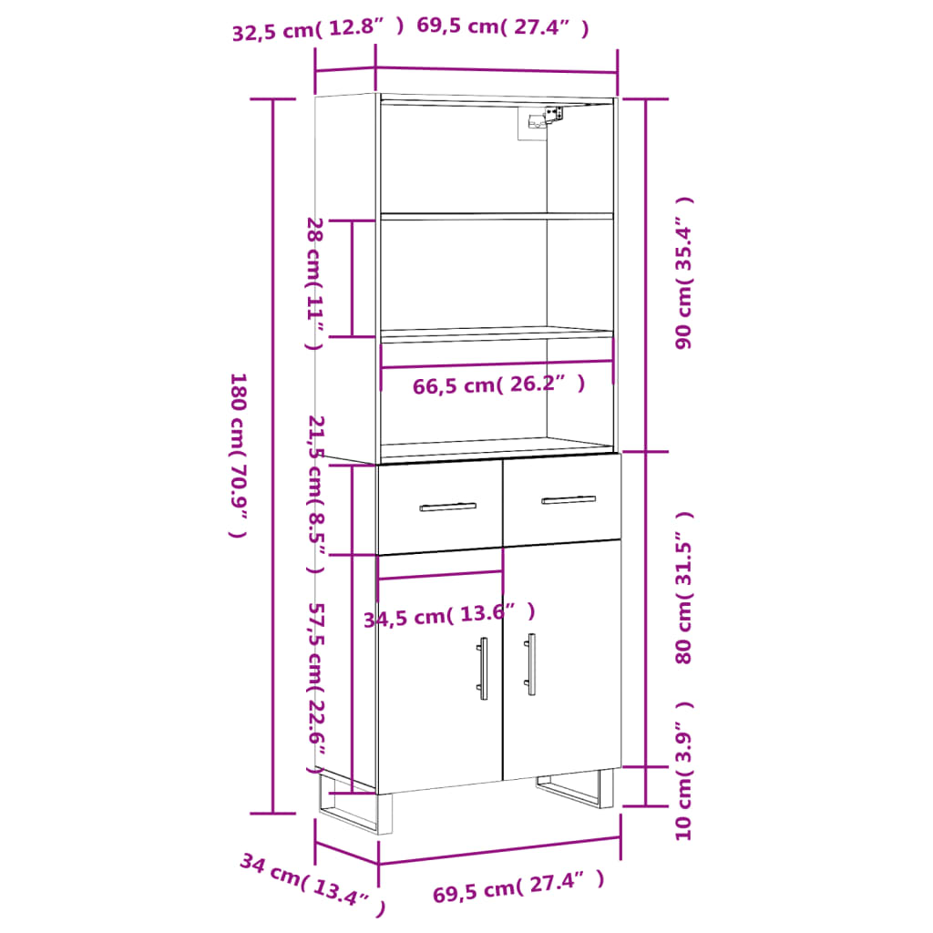 vidaXL Buffet haut Noir 69,5x34x180 cm Bois d'ingénierie