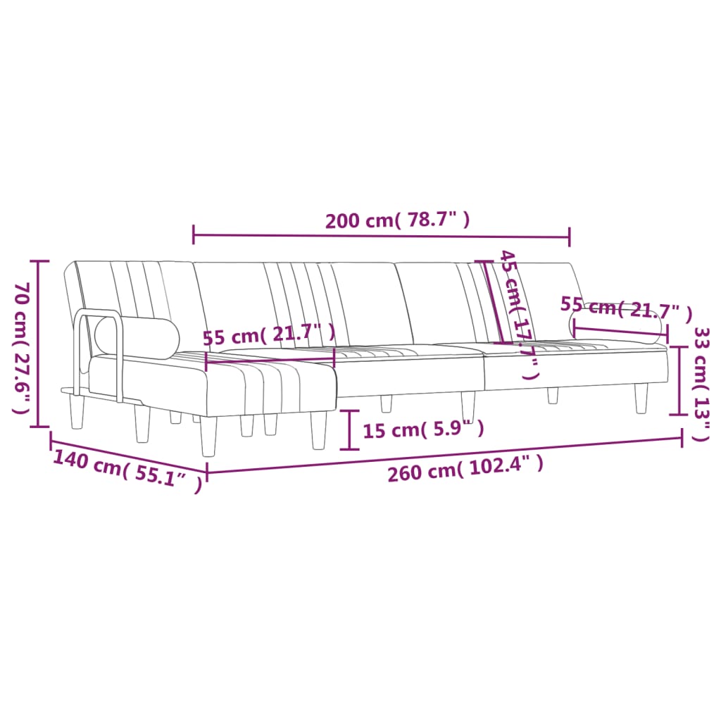 vidaXL Canapé-lit en forme de L gris 260x140x70 cm velours