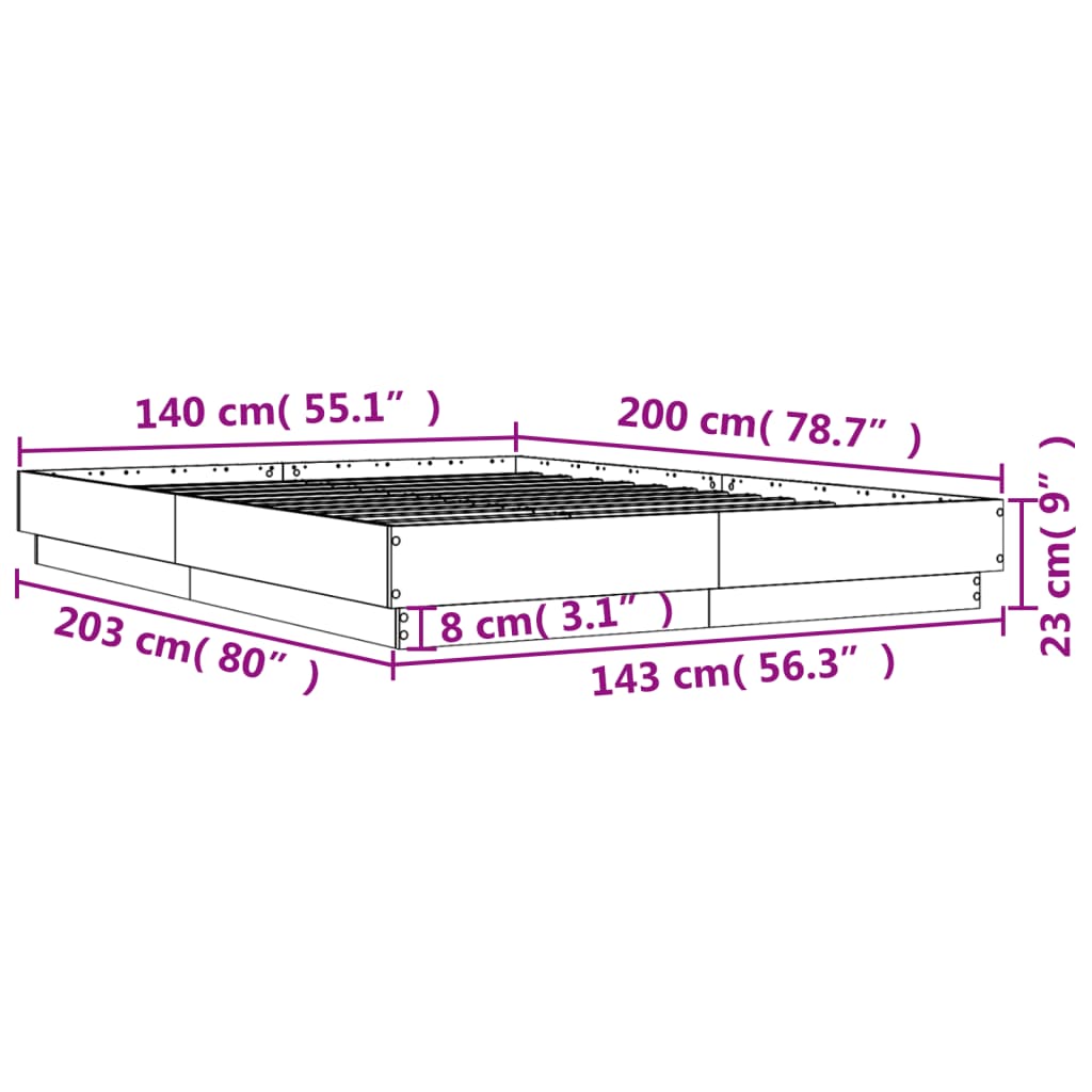 vidaXL Cadre de lit avec LED sans matelas chêne marron 140x200 cm