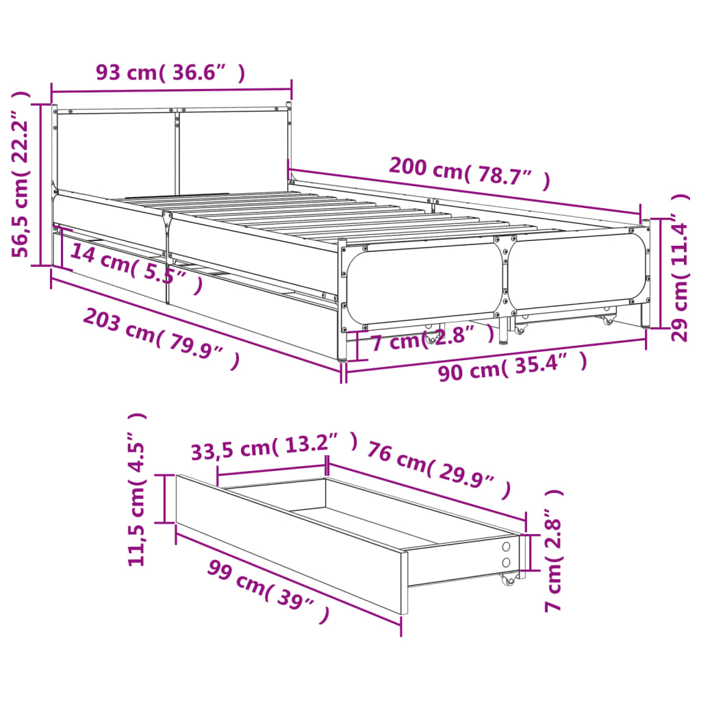 vidaXL Cadre de lit avec tiroirs sans matelas chêne marron 90x200 cm