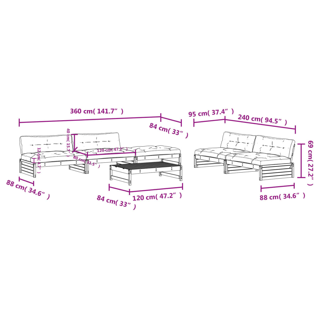 vidaXL Salon de jardin 6 pcs avec coussins bois massif