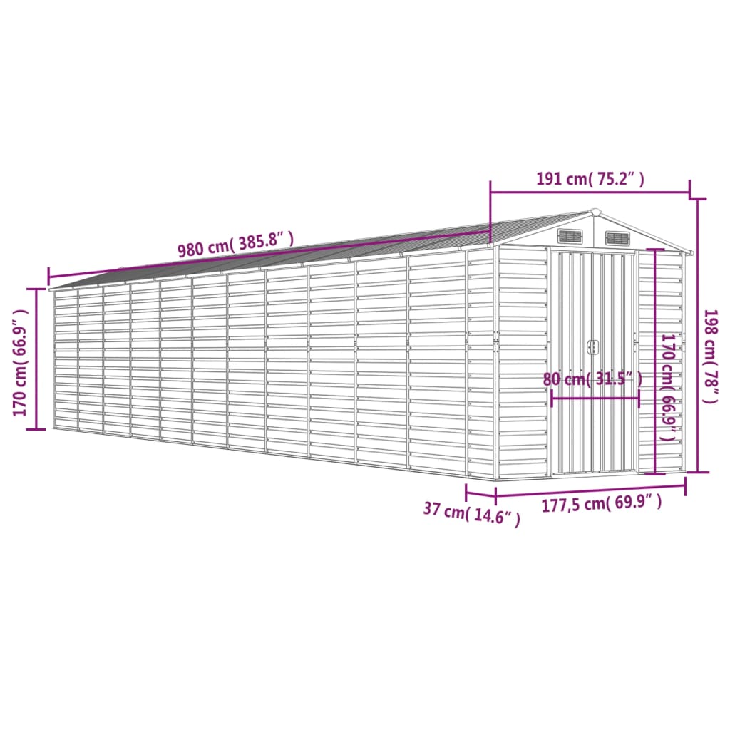 vidaXL Abri de jardin gris clair 191x980x198 cm acier galvanisé