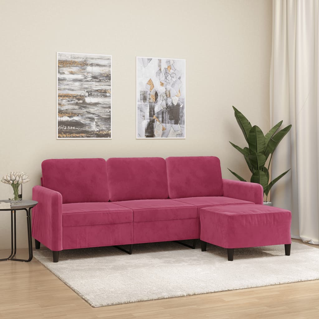 vidaXL Canapé à 3 places et repose-pieds Rouge bordeaux 180 cm Velours