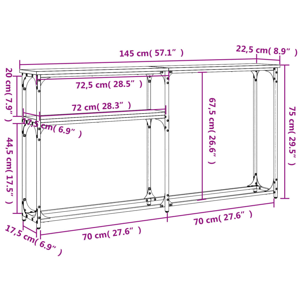 vidaXL Table console sonoma gris 145x22,5x75 cm bois d'ingénierie