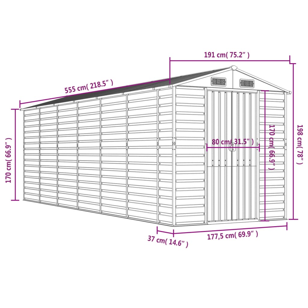 vidaXL Abri de jardin gris clair 191x555x198 cm acier galvanisé