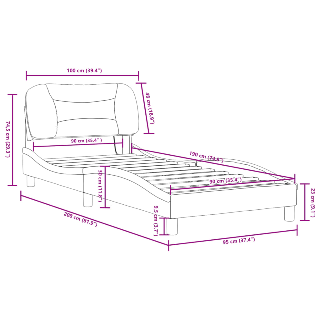 vidaXL Cadre de lit avec lumière LED noir blanc 90x190 cm similicuir