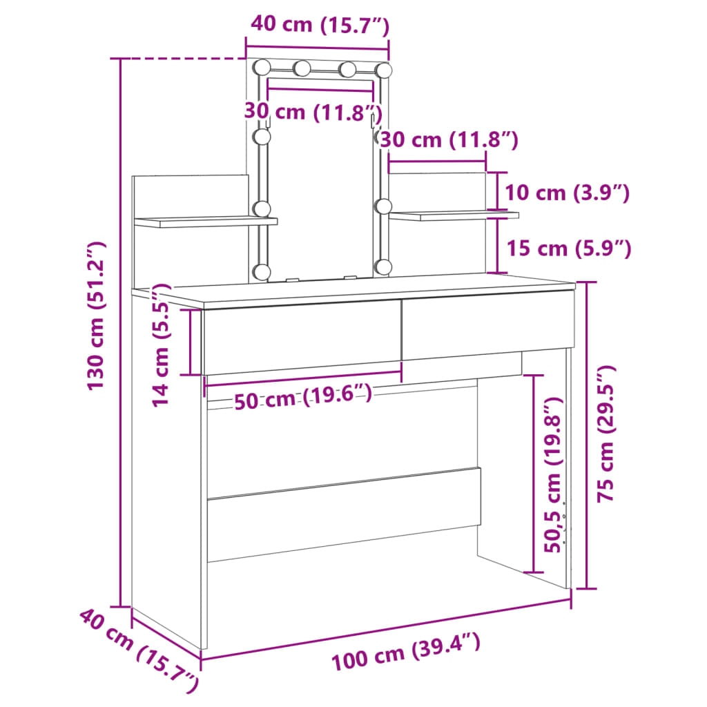 vidaXL Coiffeuse avec LED chêne marron 100x40x130 cm