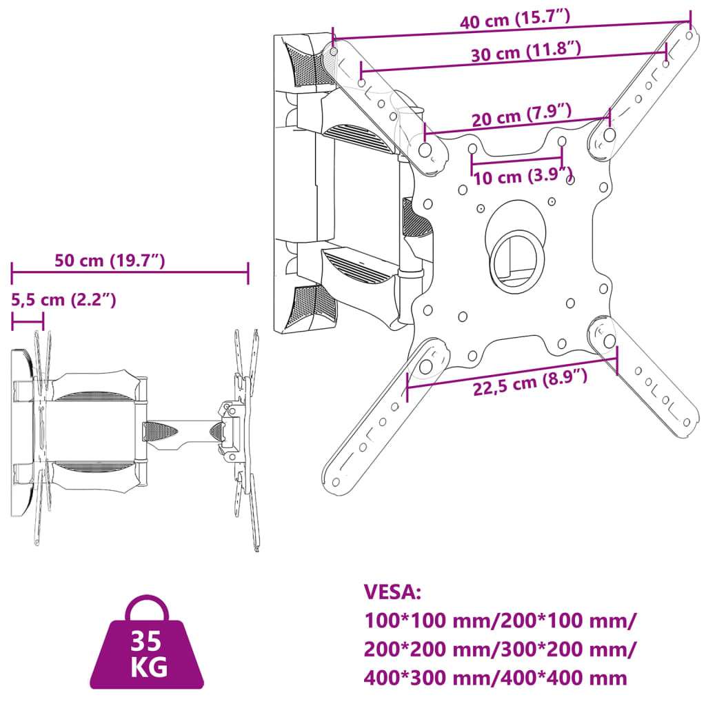 vidaXL Support TV mural pour écran 32-55 pouces max VESA 400x400 mm