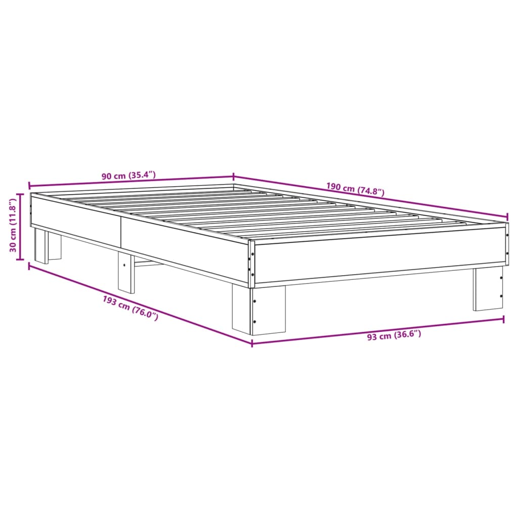 vidaXL Cadre de lit chêne fumé 90x190 cm bois d'ingénierie et métal