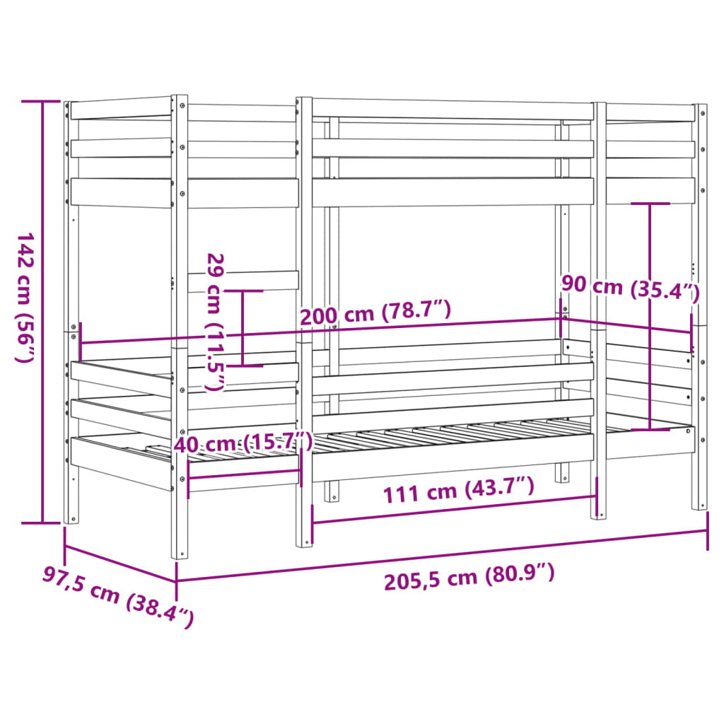 vidaXL Lit superposé sans matelas cire marron 90x200 cm pin massif