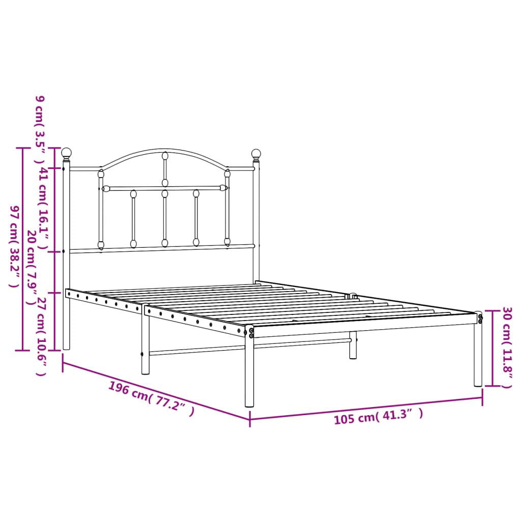 vidaXL Cadre de lit métal sans matelas et tête de lit blanc 100x190 cm