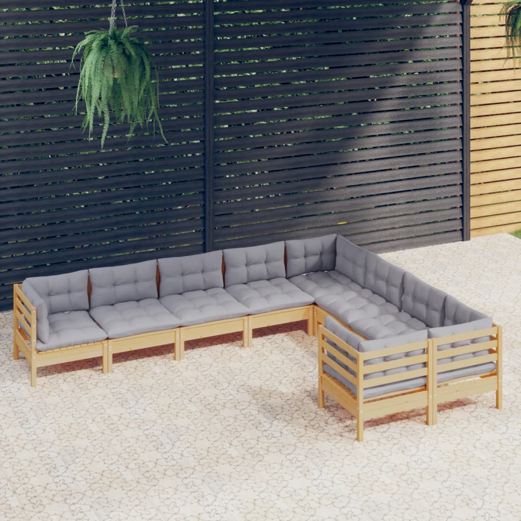 vidaXL Salon de jardin 9 pcs avec coussins gris Bois de pin