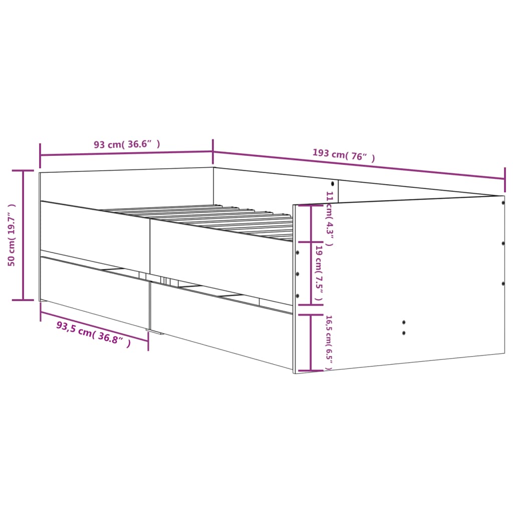 vidaXL Cadre de lit avec tiroirs sans matelas chêne sonoma 90x190 cm