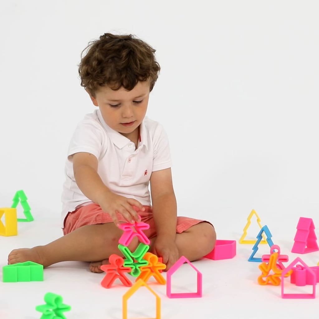 dëna Ensemble de jouets en silicone Maisons et arbres Neon 54 pcs