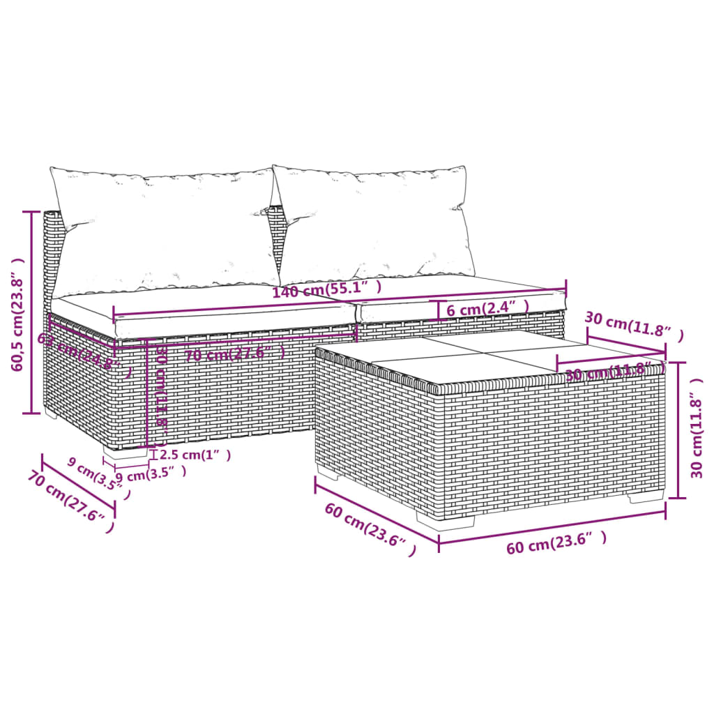 vidaXL Salon de jardin 3 pcs avec coussins Résine tressée Gris