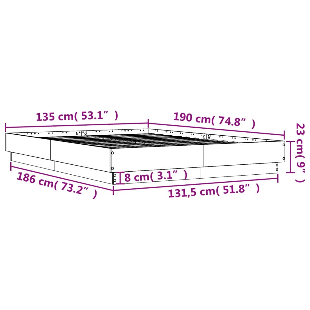 vidaXL Cadre de lit avec lumières LED chêne sonoma 135x190 cm