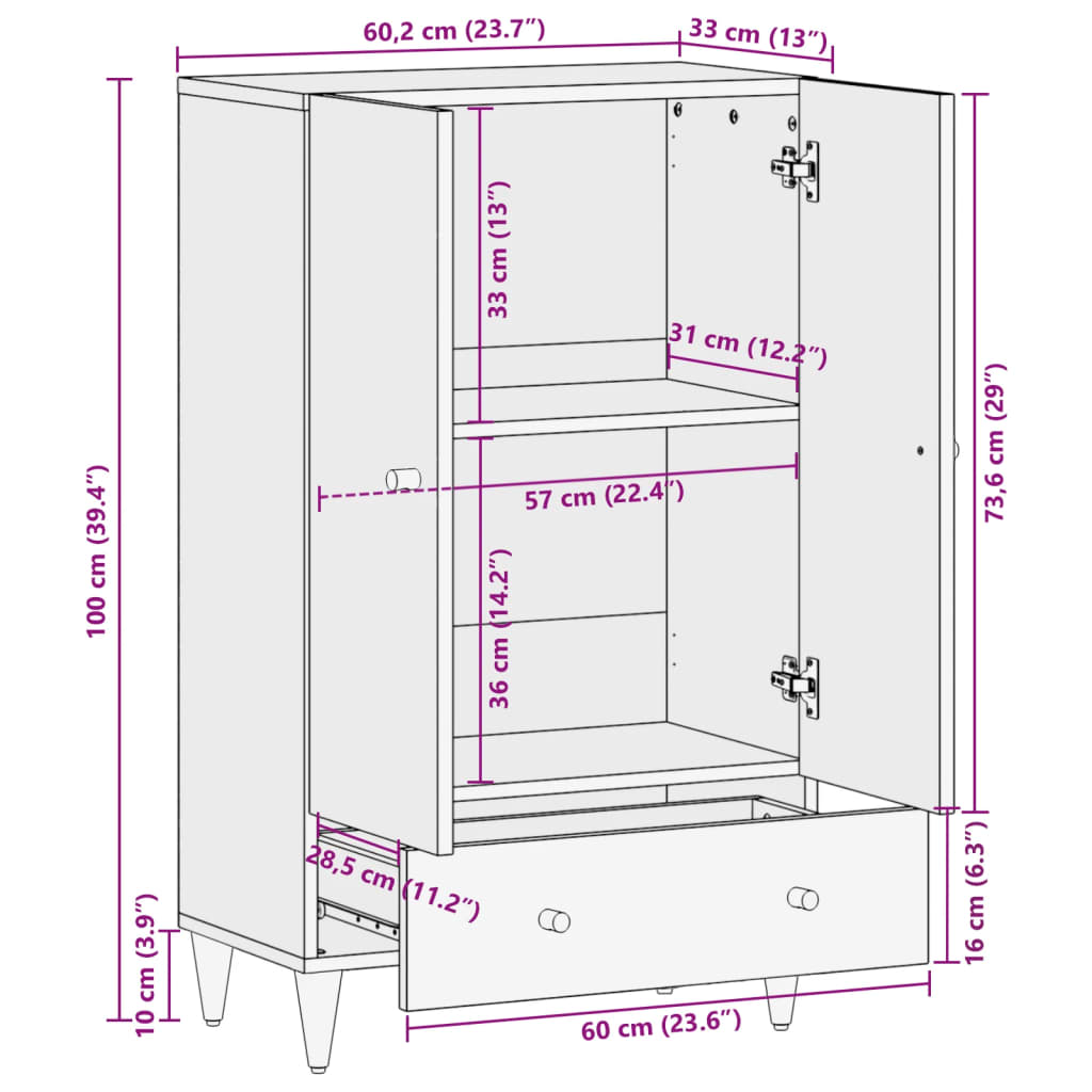 vidaXL Buffet 60x33x100 cm bois de manguier massif