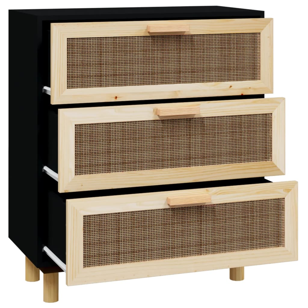 vidaXL Buffet Noir 60x30x70 cm Bois de pin massif et rotin naturel