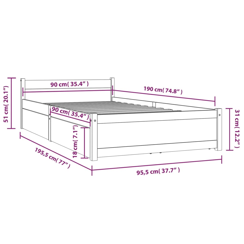 vidaXL Cadre de lit avec tiroirs Noir 90x190 cm Simple