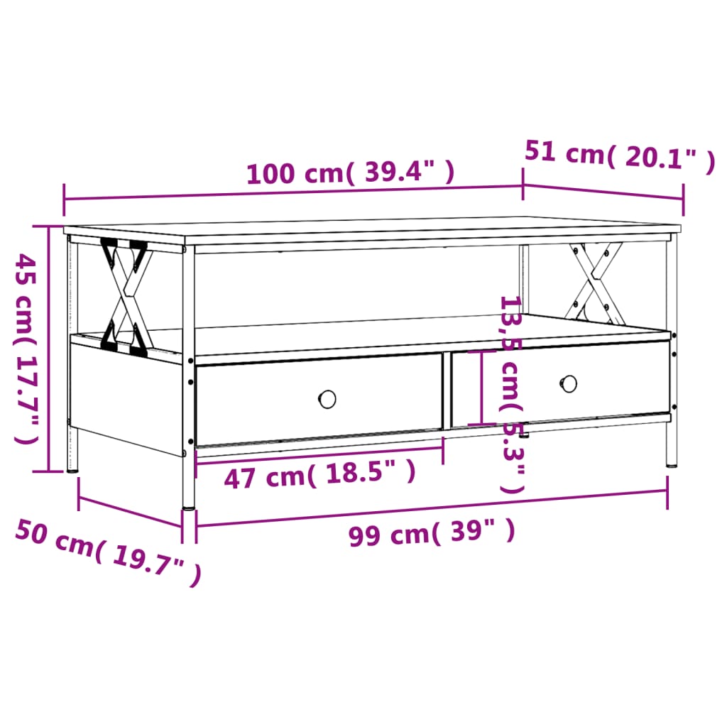 vidaXL Table basse chêne marron 100x51x45 cm bois d'ingénierie