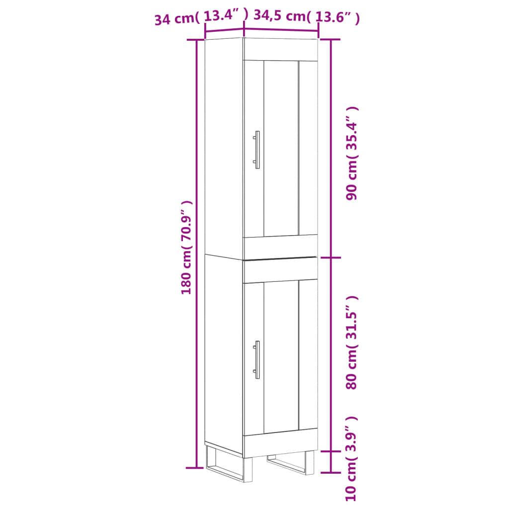 vidaXL Buffet haut Sonoma gris 34,5x34x180 cm Bois d'ingénierie