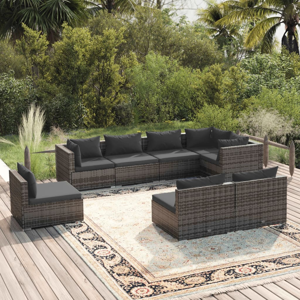 vidaXL Salon de jardin 8 pcs avec coussins résine tressée gris