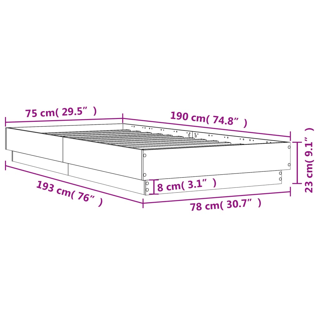 vidaXL Cadre de lit sonoma gris 75x190 cm bois d'ingénierie