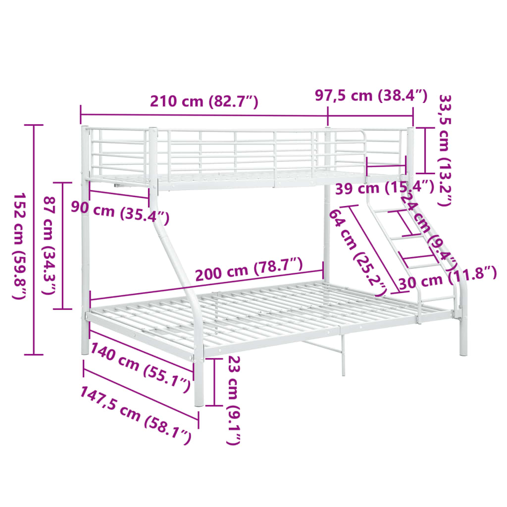 vidaXL Cadre de lit superposé sans matelas Blanc 140x200 cm/90x200 cm