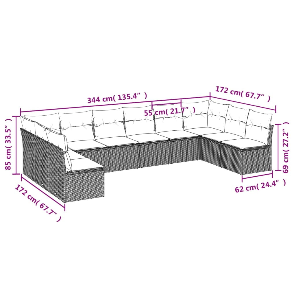 vidaXL Salon de jardin 10 pcs avec coussins noir résine tressée