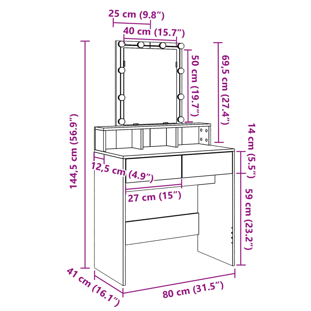 vidaXL Coiffeuse avec LED blanc 80x41x144,5 cm