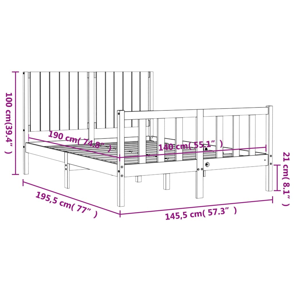 vidaXL Cadre de lit avec tête de lit 140x190 cm bois massif