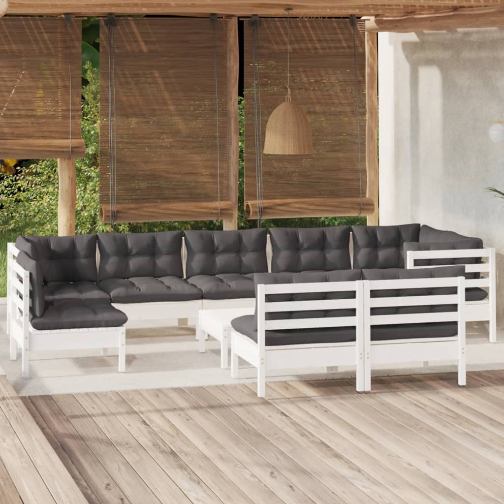vidaXL Salon de jardin 10 pcs avec coussins blanc bois de pin massif