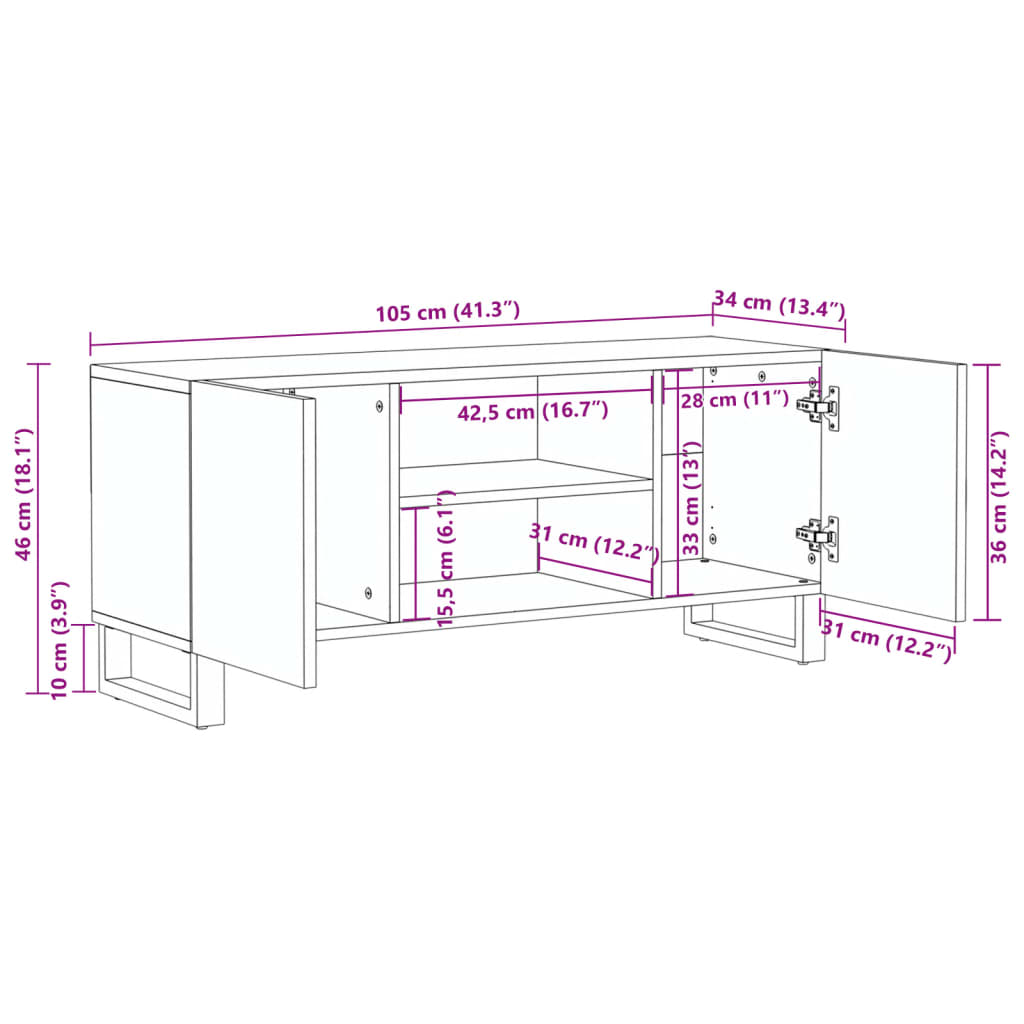 vidaXL Meuble TV blanc 105x34x46 cm bois massif de manguier