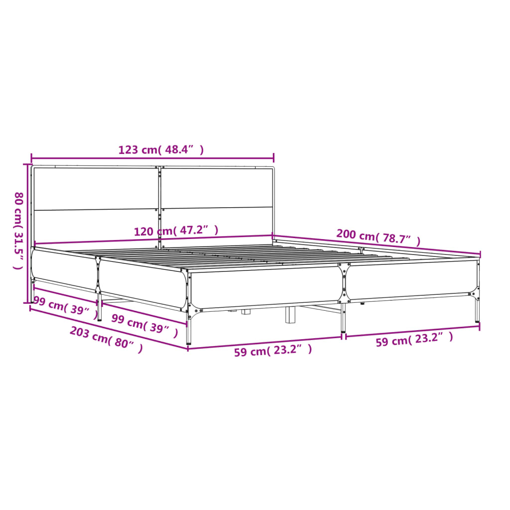 vidaXL Cadre de lit chêne marron 120x200 cm bois d'ingénierie et métal