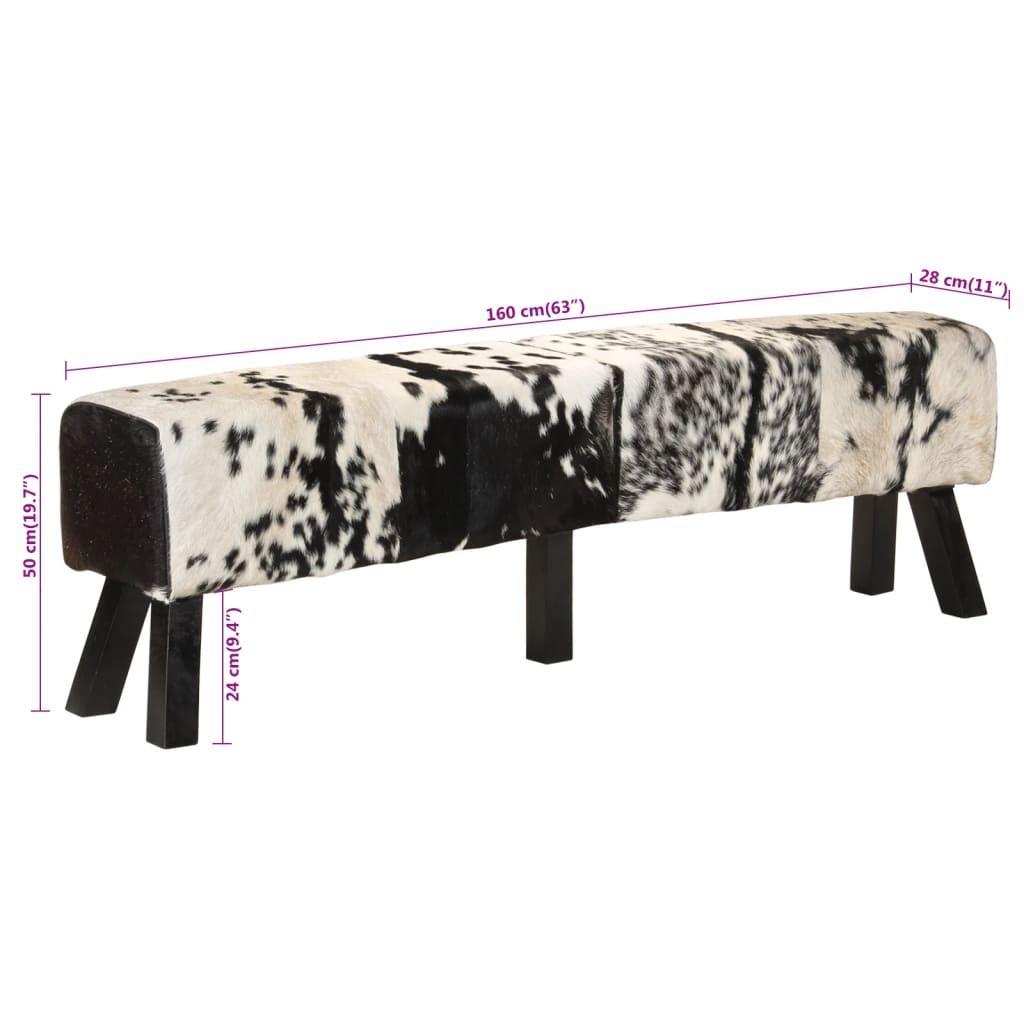 vidaXL Banc noir et blanc 160x28x50 cm cuir de chèvre véritable
