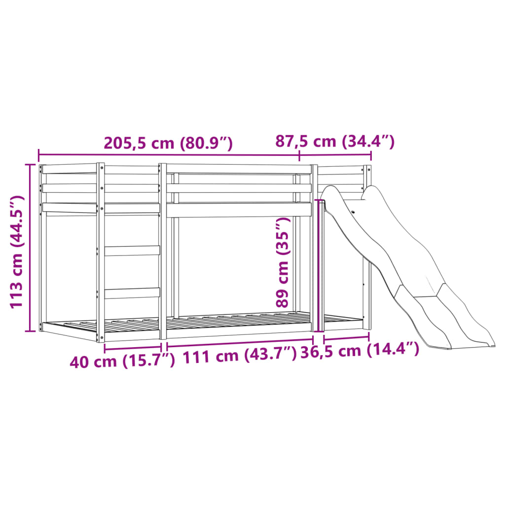 vidaXL Lit superposé sans matelas avec toboggan et rideaux 80x200 cm