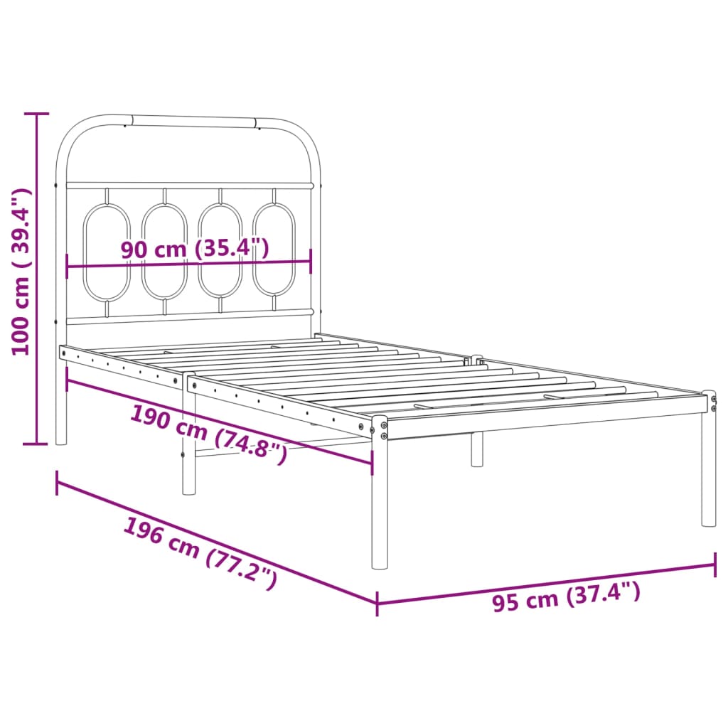 vidaXL Cadre de lit métal sans matelas avec tête de lit noir 90x190 cm