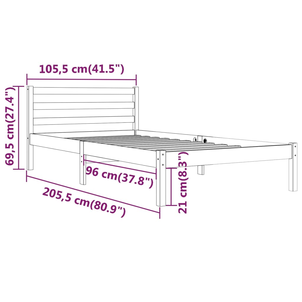 vidaXL Cadre de lit Bois de pin massif 100x200 cm Noir